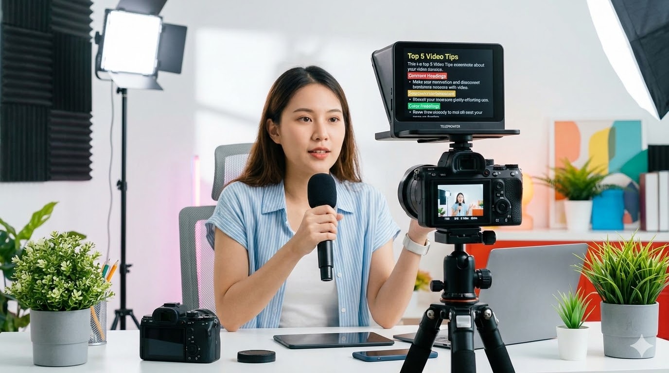 ScrollCue recording a take with the script overlaid on the camera feed