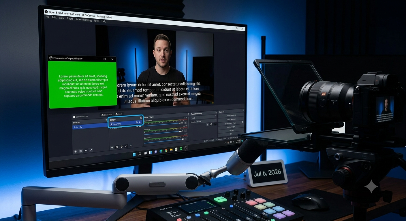 Teleprompter text keyed over an OBS scene