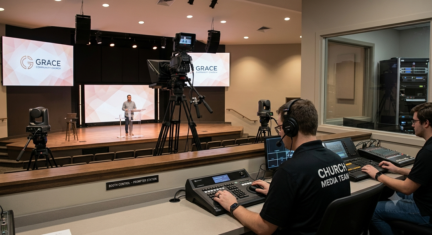 Church media team setting up a teleprompter