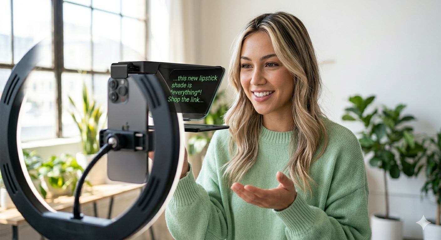 Creator recording with a teleprompter